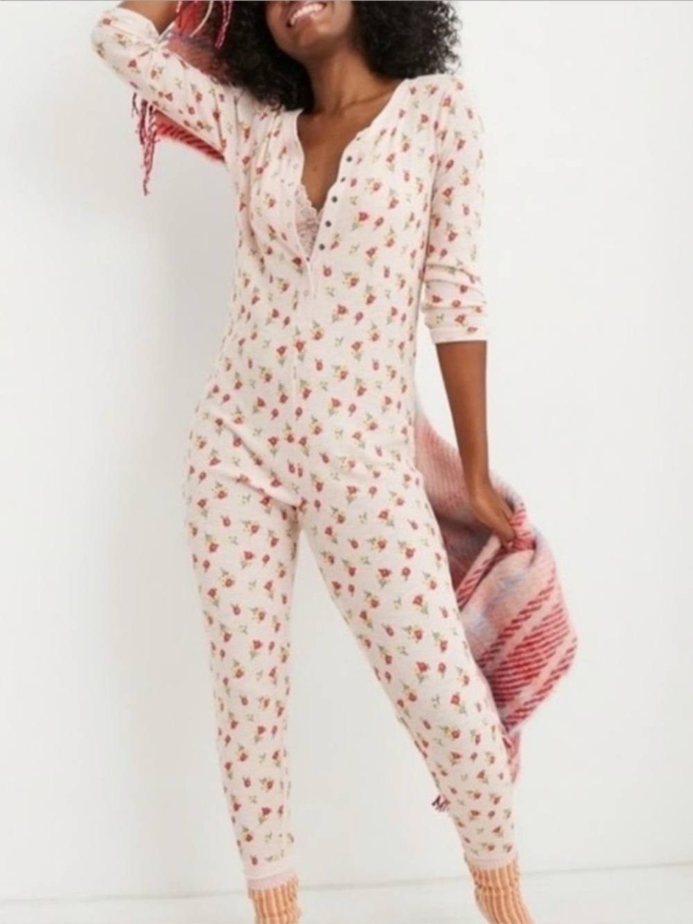 Aerie Pink Floral Waffle Sleep Romper Onesie Size XS Women’s